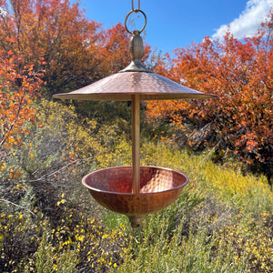 small easy fill copper and brass bird feeder in fall