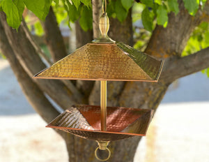 Easy Fill Copper & Bras Square Bird Feeder in a tree