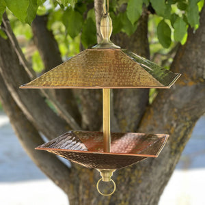 Easy Fill Copper & Bras Square Bird Feeder with pure copper top and bottom with brass accents