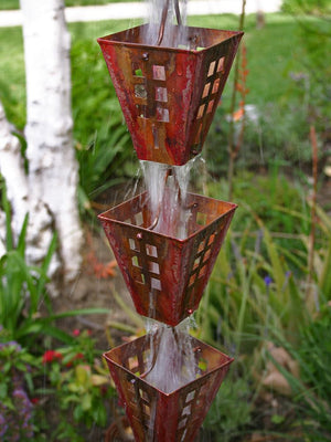 Arts & Crafts Copper Square Cups Rain Chain in garden