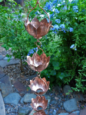 Buddha's Cup Copper Rain Chain without water flowing through multiple cups