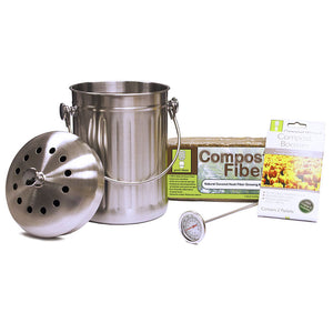 Stainless Steel Compost Wizard 3 Quart Pail Starter Kit with coco fiber, compost booster, and thermometer
