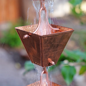 Medium Square Cups Copper Rain Chain with water flowing through cup