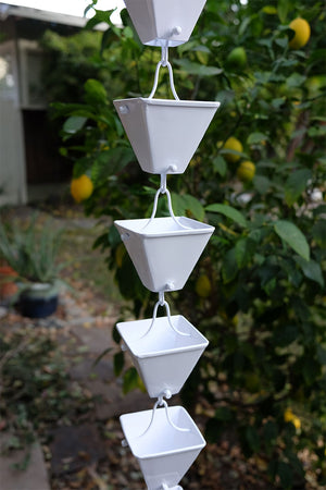 White Medium Square Cups Rain Chain hung in backyard