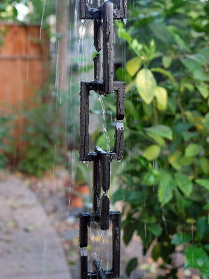 Black Rectangle Links Rain Chain with flowing rain water