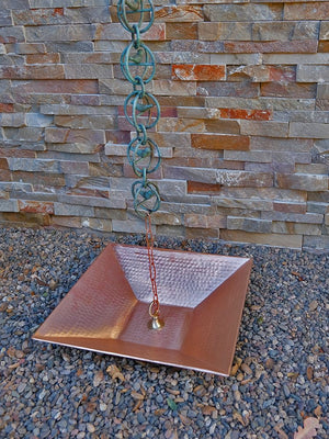 Square Hammered Copper Dish with Rain Chain