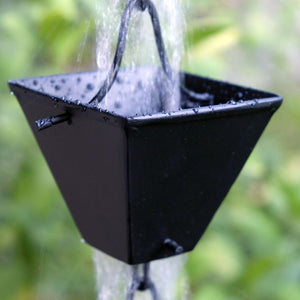 Medium Square Cups Black Rain Chain with water flowing through cup