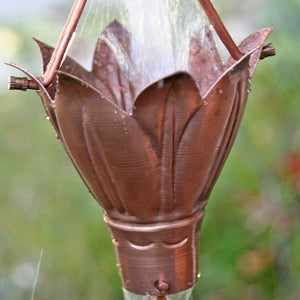 Bluebell Cups Copper Rain Chain with water flowing through cup