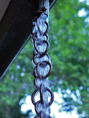 Close up of the Bronze Double Loops Rain Chain showing detail
