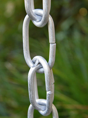 Closeup of Extra Link Rain Chain in aluminum showing connection of extra link