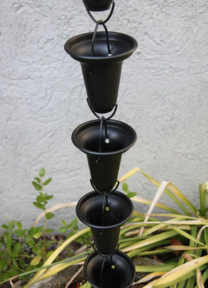 Flared Cups Rain Chain in Black on home