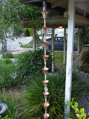 Kanji Cups Rain Chain hanging from a gutter