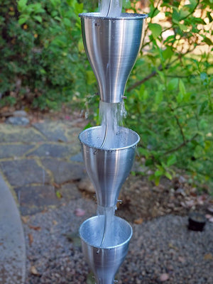 Aluminum Smooth Cups Rain Chain with water flowing through multiple cups