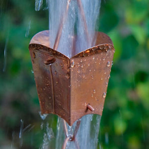 Square Tulip Copper Cups Rain Chain with water flowing through cup
