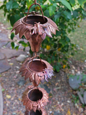 Multiple Sunflower Copper Rain Chain cups with bee accent  
