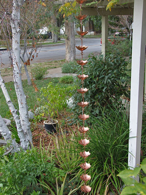 Themed Copper Cup style Umbrella Rain Chain cups in front yard