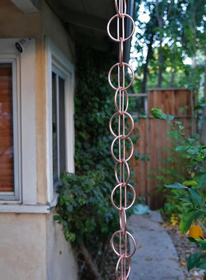 Full length view of Zen Loops Copper Rain Chain without water flowing through it