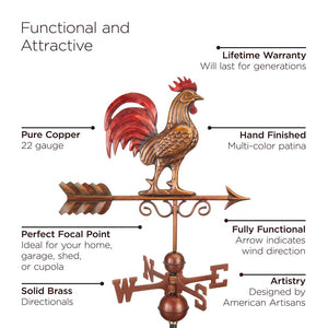 Square Coventry Vinyl Cupola with Black Aluminum Roof and Copper Bantam Red Rooster Weathervane
