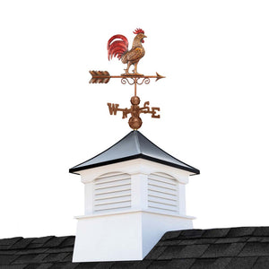 Square Coventry Vinyl Cupola with Black Aluminum Roof and Copper Bantam Red Rooster Weathervane