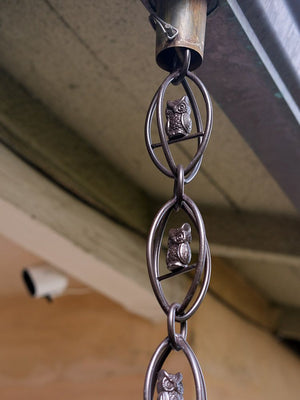 Owls Rain Chain in Bronze attached to Installation Kit