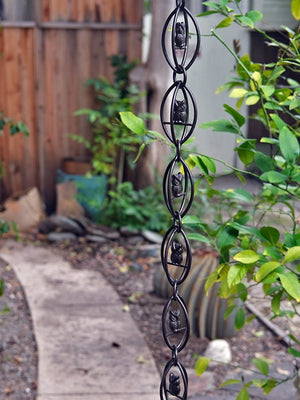 Longer length view of Owls Rain Chain in Bronze