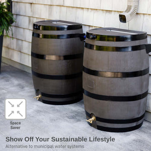 50 Gallon Wood Grain Rain Barrel with Flat Back