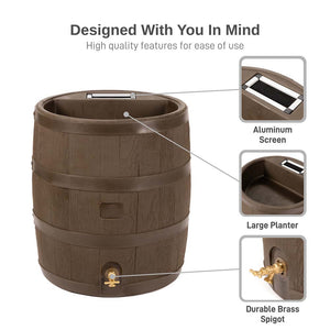 35 Gallon Wood Grain Rain Barrel with Planter