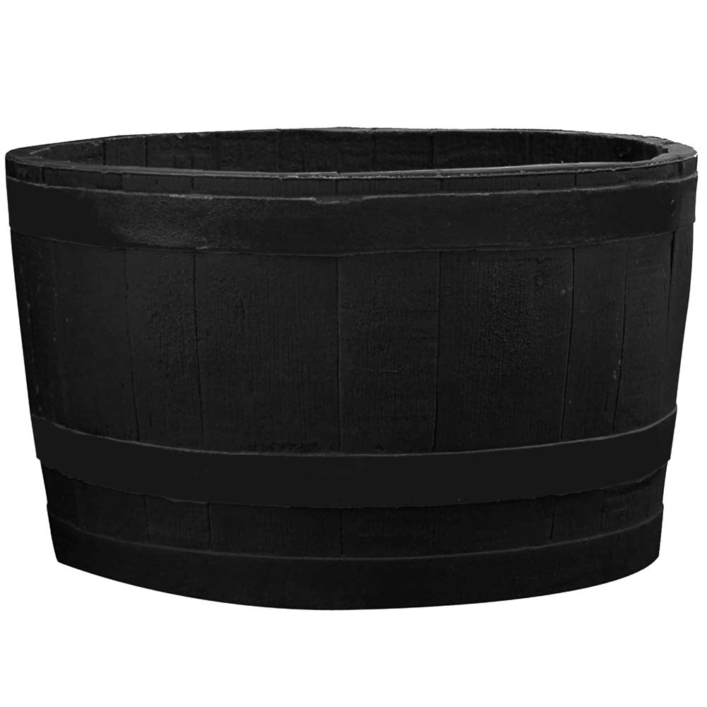 plastic wine barrel planter RTS Home Accents Polyethylene Whiskey Barrel Planter for Indoor or Outdoor Gardening, Black (2 Pack)