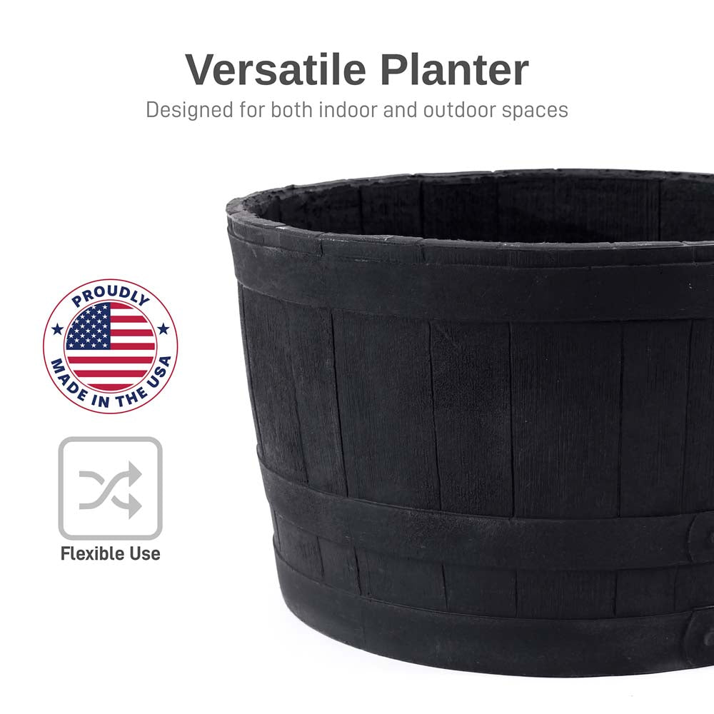 plastic whiskey barrel planter 25 in RTS Home Accents Polyethylene Whiskey Barrel Planter for Indoor or Outdoor Gardening, Black (2 Pack)