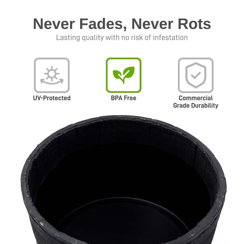 plastic planter barrels RTS Home Accents Polyethylene Whiskey Barrel Planter for Indoor or Outdoor Gardening, Black (2 Pack)