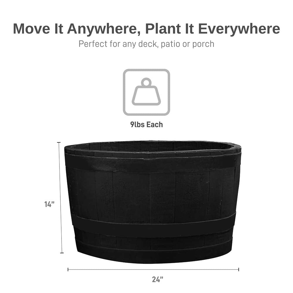 plastic barrel planter large RTS Home Accents Polyethylene Whiskey Barrel Planter for Indoor or Outdoor Gardening, Black (2 Pack)