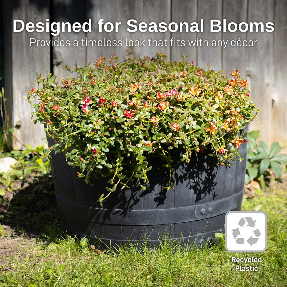 red shed 25 in. plastic whiskey barrel planter RTS Home Accents Polyethylene Whiskey Barrel Planter for Indoor or Outdoor Gardening, Black (2 Pack)