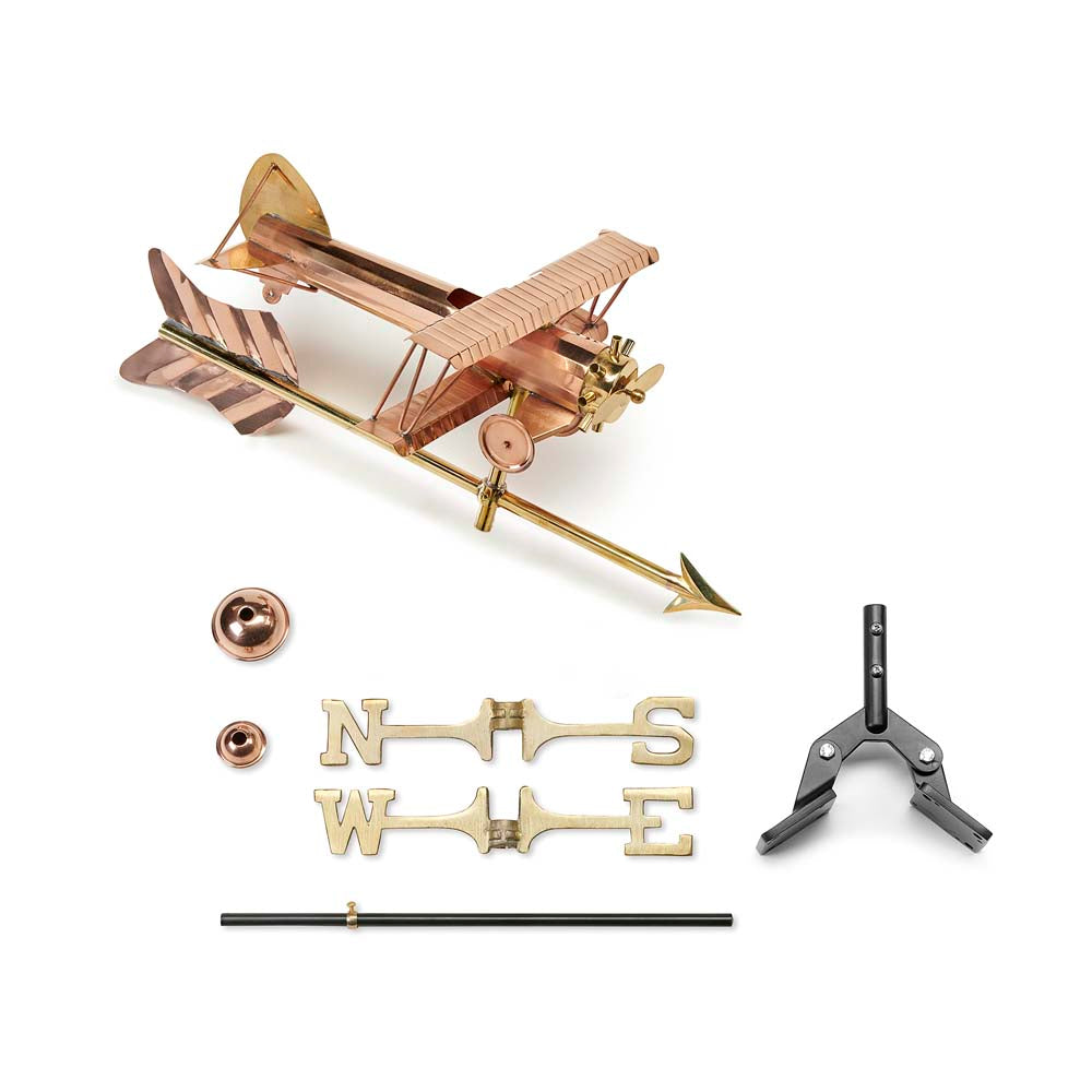Biplane with Arrow Cottage Weathervane - Pure Copper w/Roof Mount