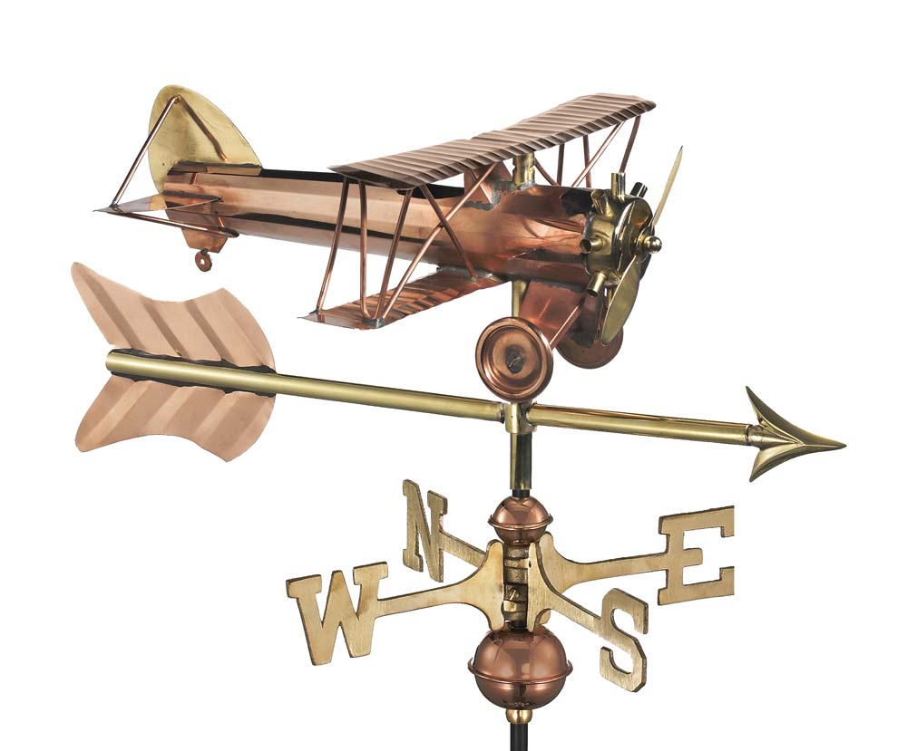 Biplane with Arrow Cottage Weathervane - Pure Copper w/Roof Mount