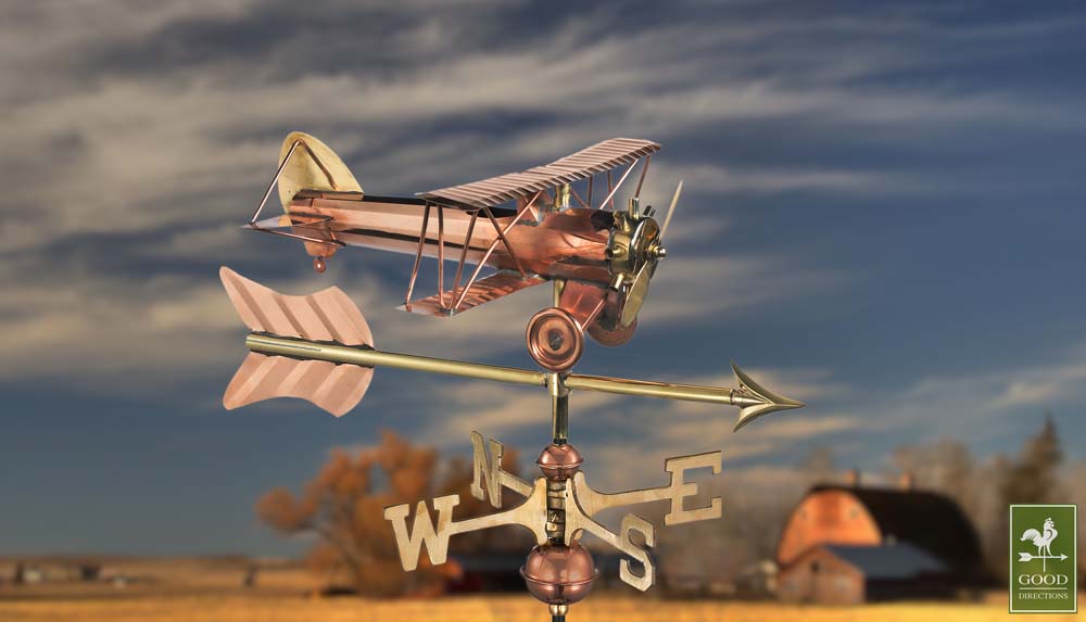 Biplane with Arrow Cottage Weathervane - Pure Copper w/Roof Mount