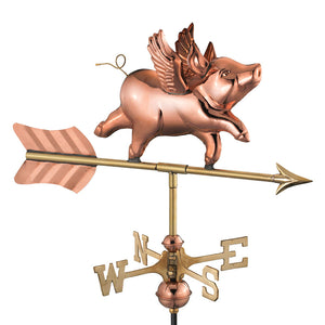Flying Pig Cottage Weathervane - Pure Copper w/Roof Mount