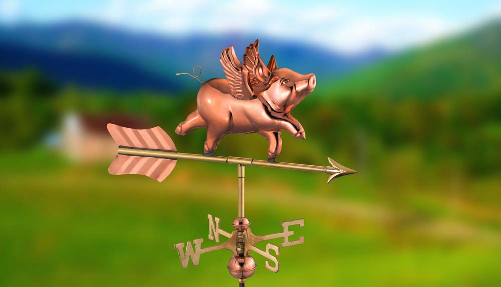 Flying Pig Cottage Weathervane - Pure Copper w/Roof Mount
