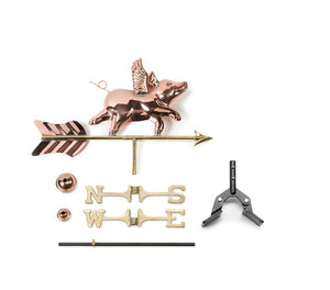 Flying Pig Cottage Weathervane - Pure Copper w/Roof Mount