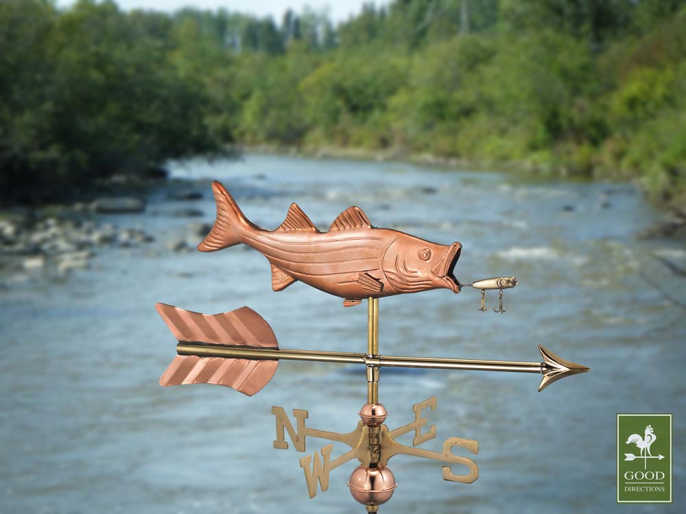 Bass with Arrow Cottage Weathervane - Pure Copper w/Roof Mount