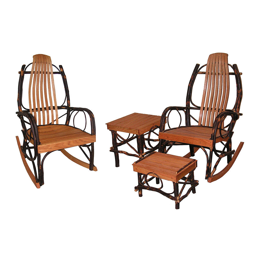 Double Rocker With Table Bentwood Rocker 4 Piece Set - Hickory & Oak | Rustic Rocker and Table Set
