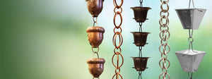 This photo shows 5 rain chains hanging next to each other. When clicked you'll be taken to our current promotions page. 