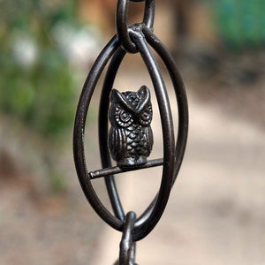Close up of Owls Rain Chain in Bronze