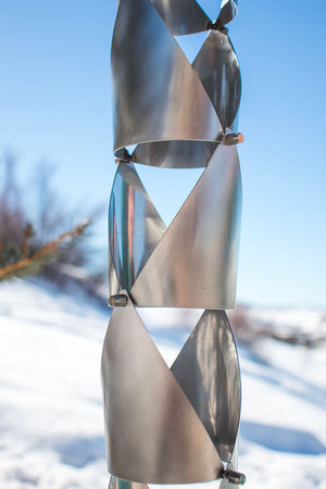 Round Origami Rain Chain in Stainless Steel during winter