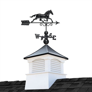 Square Coventry Vinyl Cupola with Black Aluminum Roof and Black Aluminum Horse Weathervane