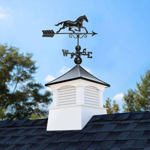 Square Coventry Vinyl Cupola with Black Aluminum Roof and Black Aluminum Horse Weathervane