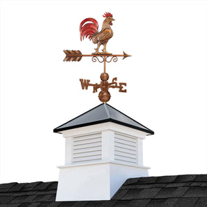 Square Manchester Vinyl Cupola with Black Aluminum Roof and Copper Bantam Red Rooster Weathervane