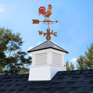 Square Manchester Vinyl Cupola with Black Aluminum Roof and Copper Bantam Red Rooster Weathervane