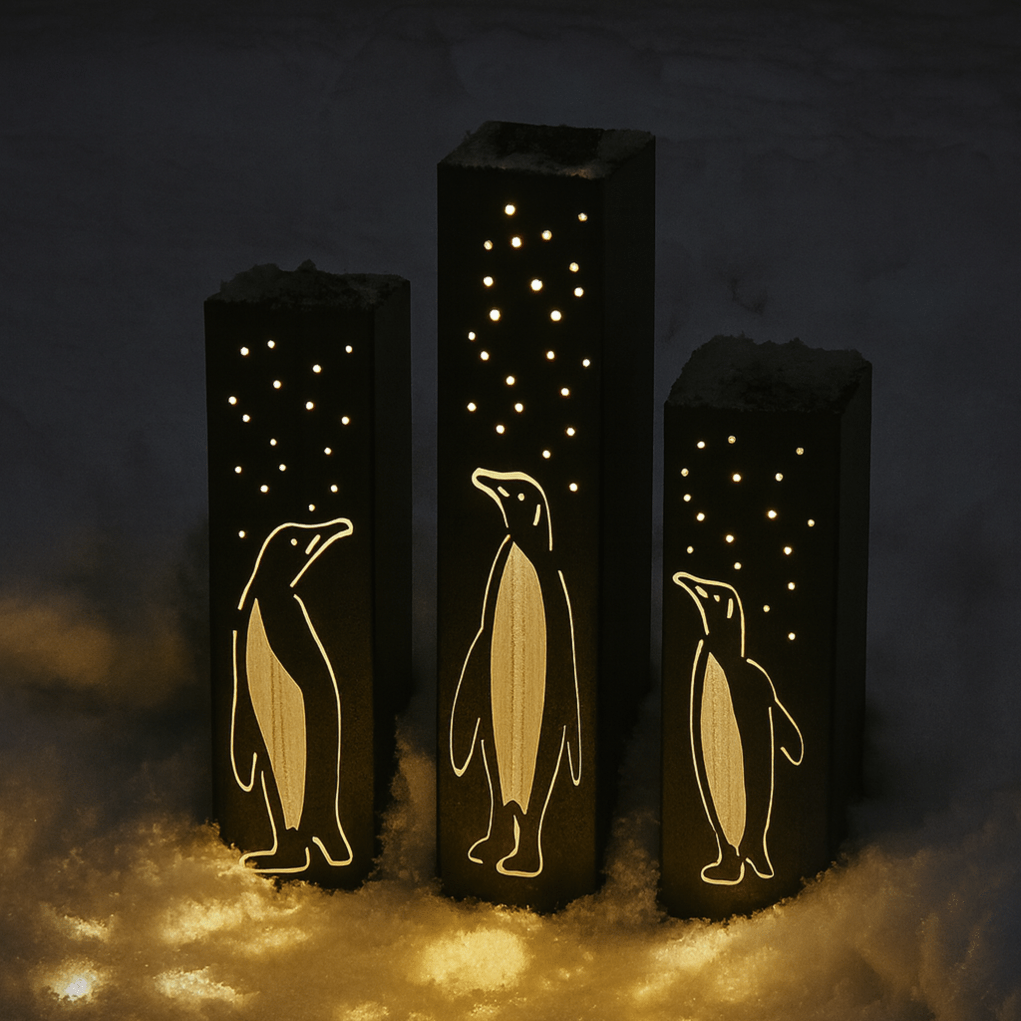 Arctic Glow Luminary Pillars w/ Solar Cap | Penguins