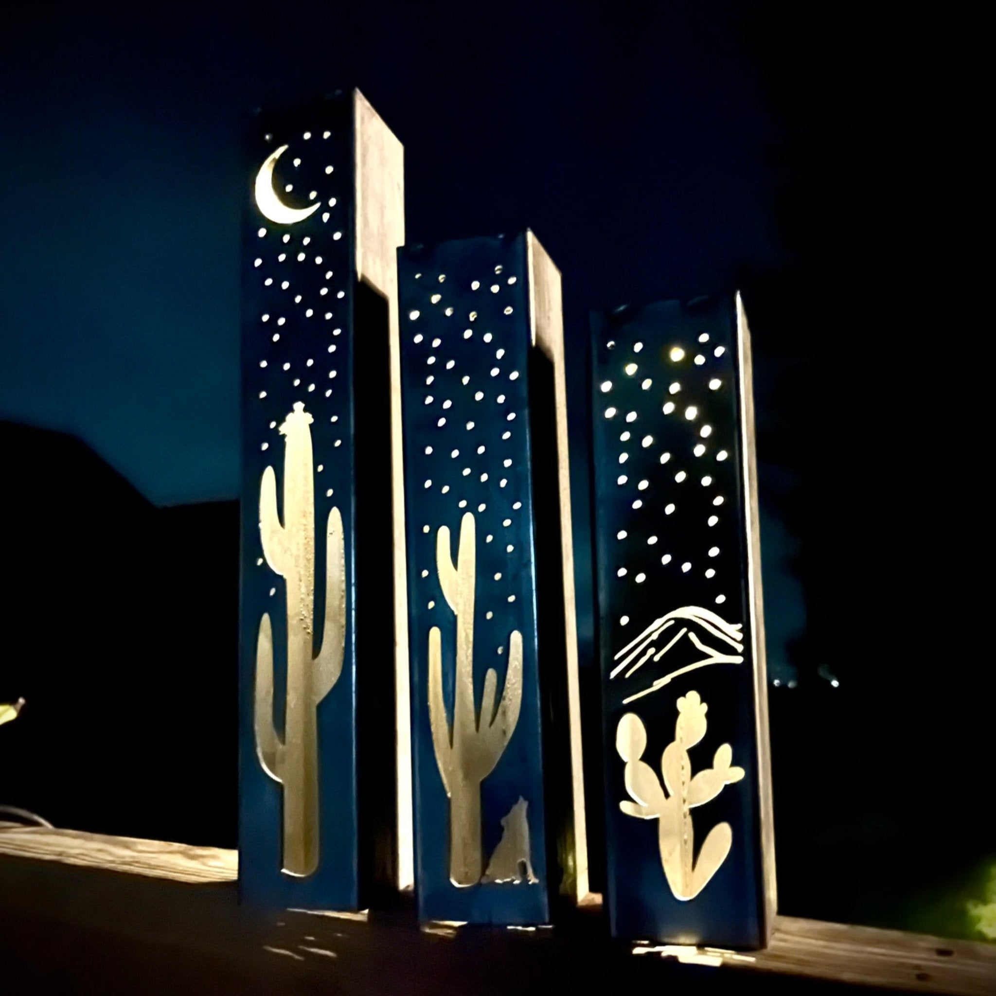 Desert Night Luminary Pillars w/ Solar Cap | Hollow Cactus