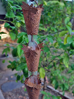 Dragonfly Theme Copper Rain Chain with water running through cups
